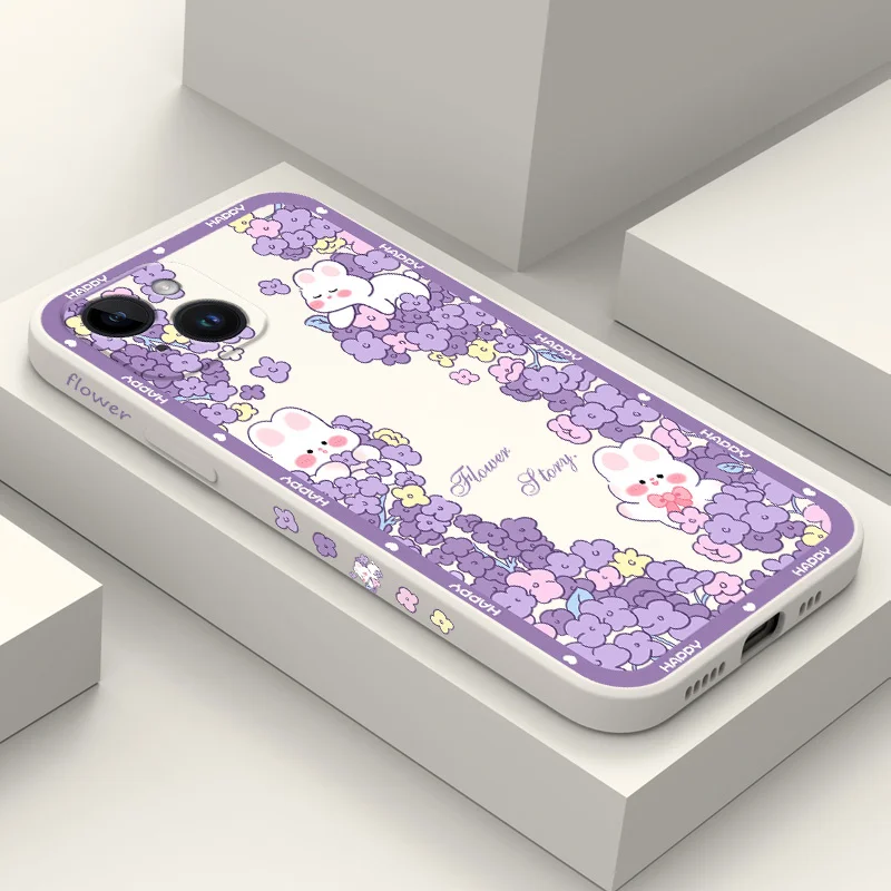 

Flower Rabbit Phone Case For iPhone 14 13 12 11 Plus Pro Max Mini X XR XS SE2020 8 7 6 6S Plus Liquid Silicone Cover