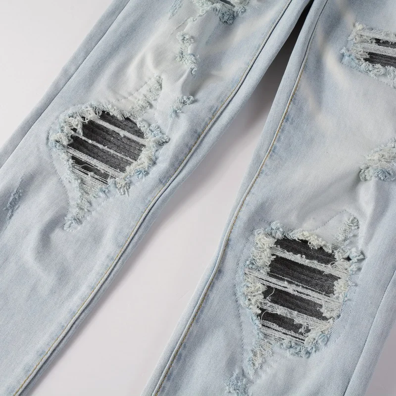 Fashion Streetwear Men Jeans Retro Light Blue Elastic Slim Fit Hole Ripped Jeans Men Patched Designer Brand Hip Hop Pants Hombre