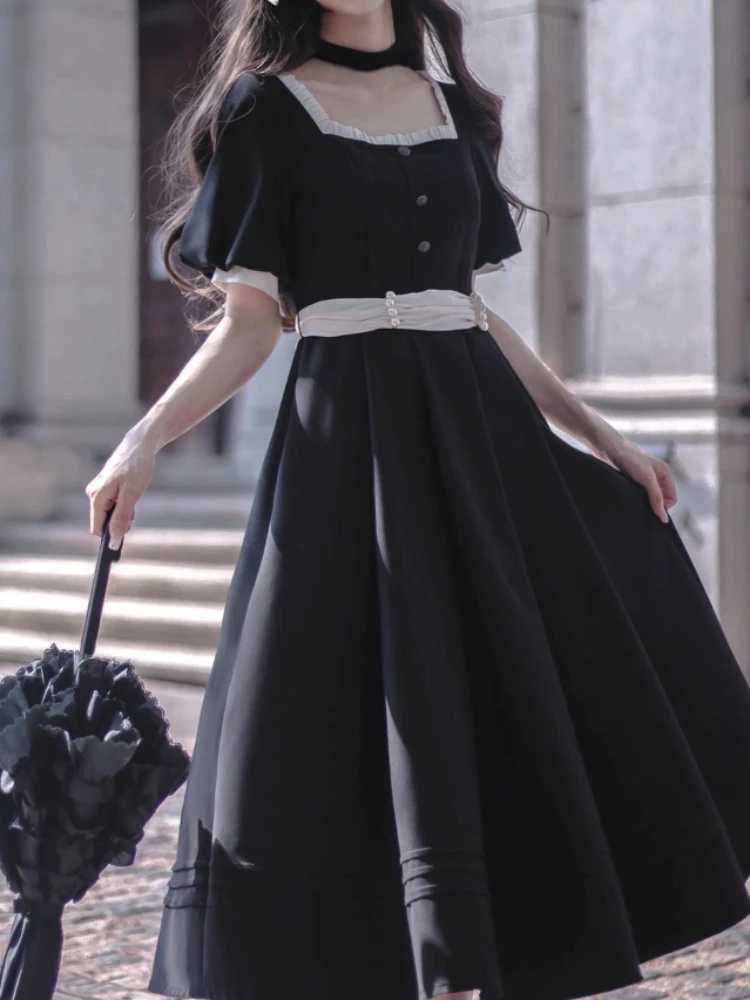 

Vintage Black Lolita Dress Women Causal French Elegant Midi Dress Office Lady 2023 Summer Short Sleeve Slim Party Dress Korean