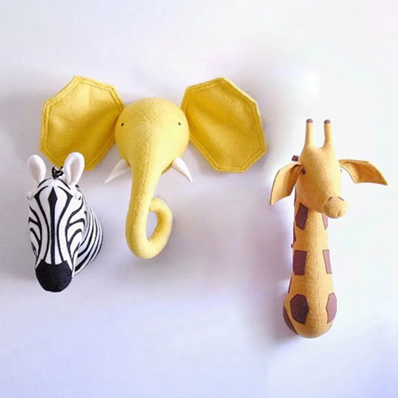 

Baby Nursery 3D Animal Head Wall Mount Kawaii Stuffed Elephant/Giraffe/Zebra Wall Hanging Toys Kids Room Animal Wall Sculptures