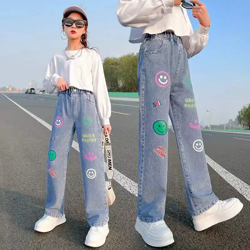 New Arrival Girls Jeans Wide Leg pants Straight Cotton Children Ripped Jeans Loose Denim Trousers Fashion Kid Big Girls Clothing