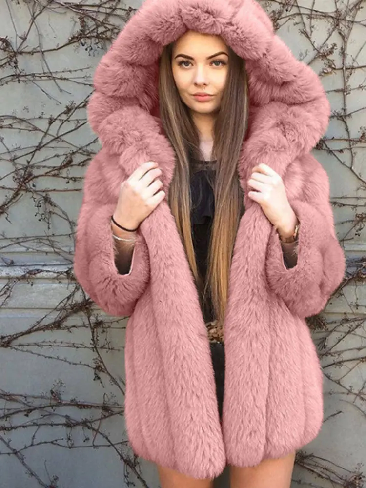 Women Winter Hooded Plush Faux Fur Overcoat Female Casual Elegant Loose Coat Jackets 2022 New Lapel Full Sleeve Fashion Coat