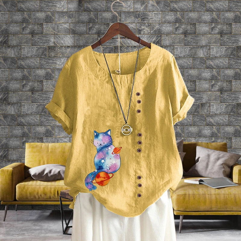 

Новая женская модная льняная блузка в стиле ретро с принтом мультяшного кота рубашка с коротким рукавом Повседневные Удобные Свободные однотонные Топы