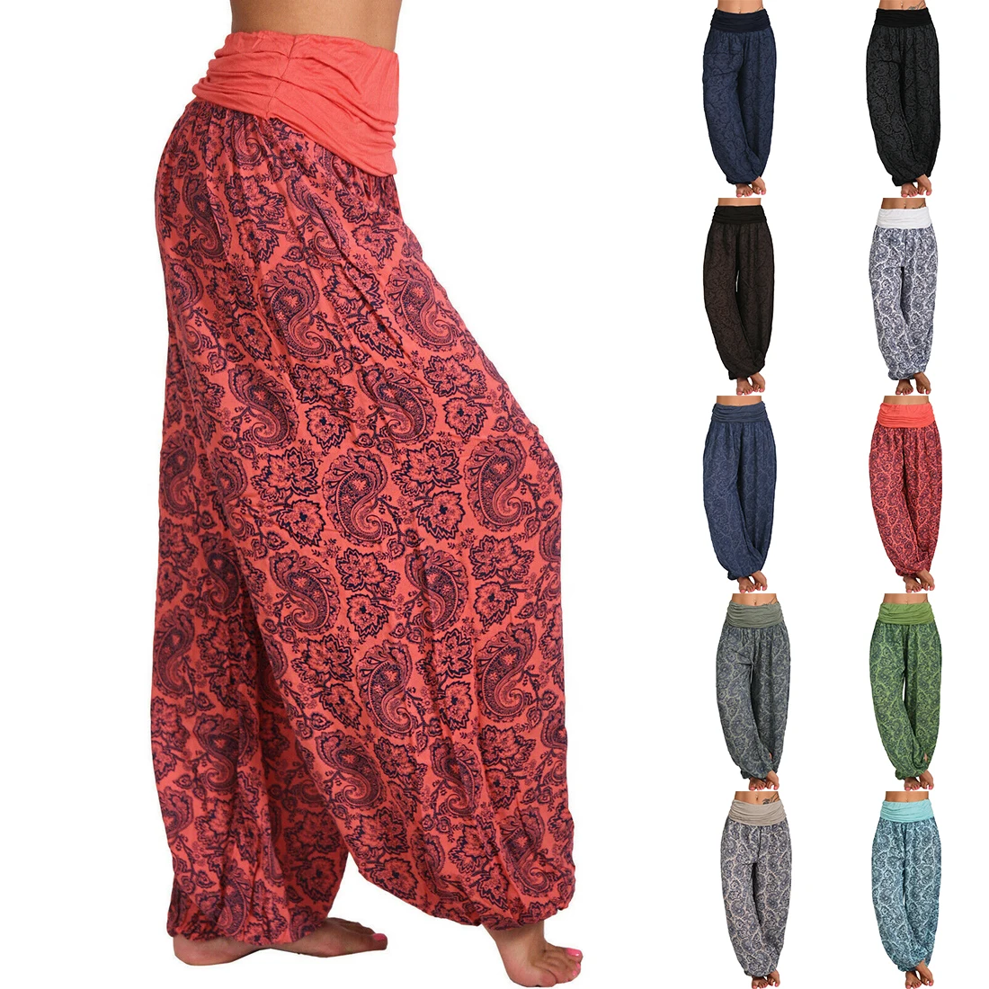 Women Bohemian Floral Print Long Pants 2021 Mid Waist Vintage Harem Pants Elastic Waist Boho Beach Trousers