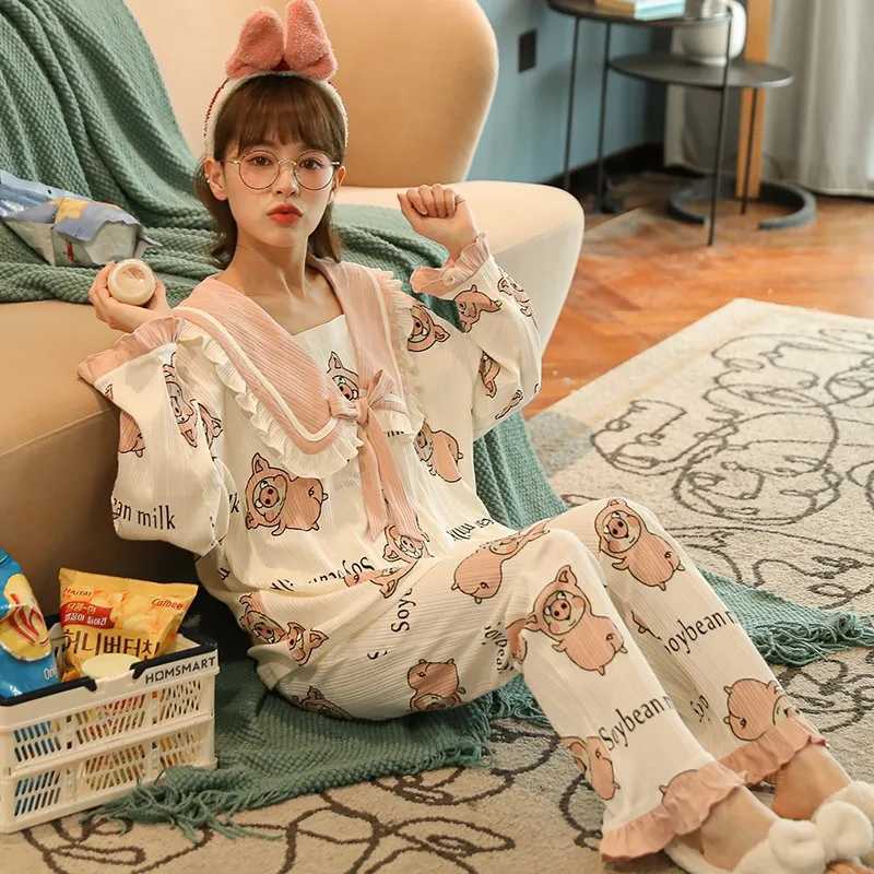 

Cotton Pajamas Long Sleeves Autumn and Winter Korean Students Nightgown Cute Cartoon Ladies Loose Princess Collar Home Clothes