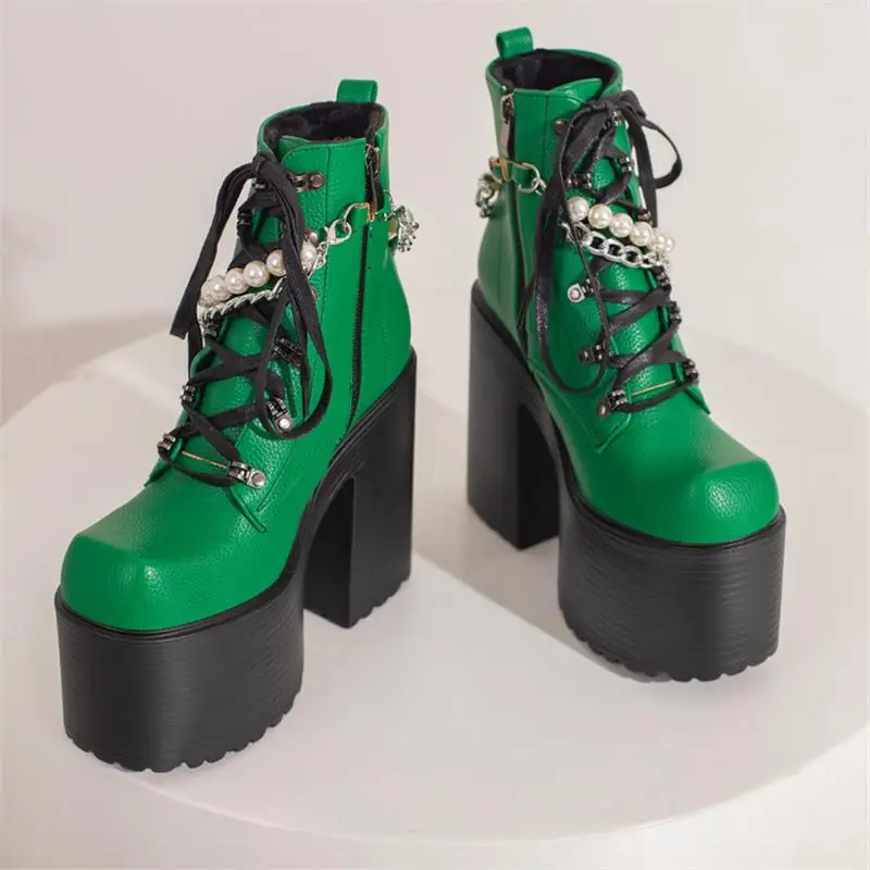 

Women Punk Style Short Boots Solid Color PU Thick Sole Super High Heel Bead String Chain Lace Fashion Nightclub Women Shoes
