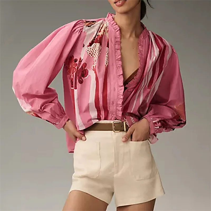 Dourbesty женские рубашки с длинным рукавом цветочным принтом и оборками на