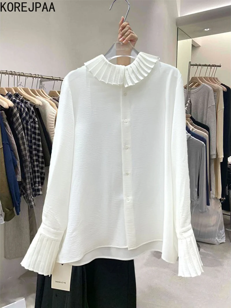 

Корейская Элегантная блузка с гофрированным воротником, Женская Весенняя плиссированная рубашка с расклешенными рукавами, Женский однобо...
