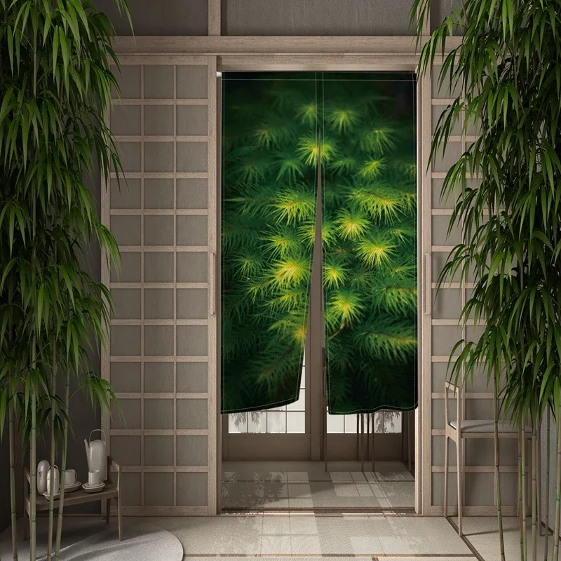 Льняная полупрозрачная штора для двери Nature Green Leaves