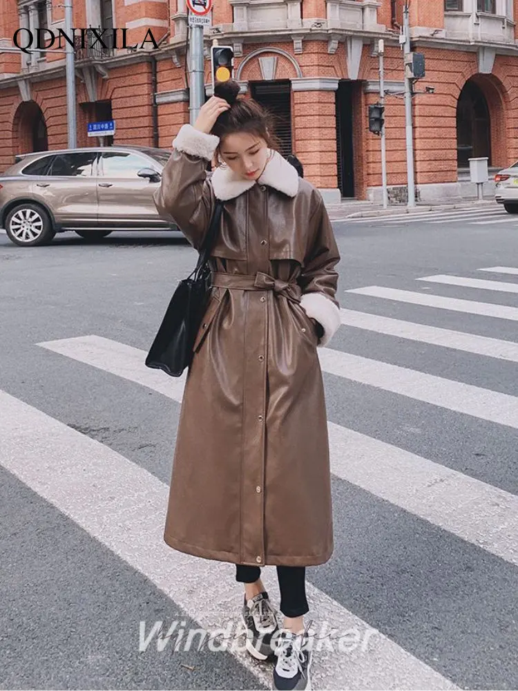 

Winter Coat for Women Korean Version Parkas Loose Knee-length Waist Plush Thickened PU Leather Jacket Woman Clothes