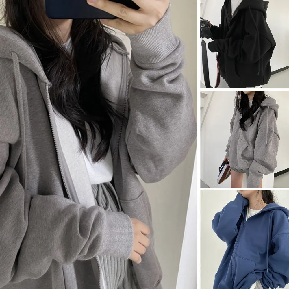 

Autumn Women Solid Hoodies Sweatshirts Loose Harajuku Korean Style Oversized Tops Vintage Black Long Sleeve Hooded Zipper Coats