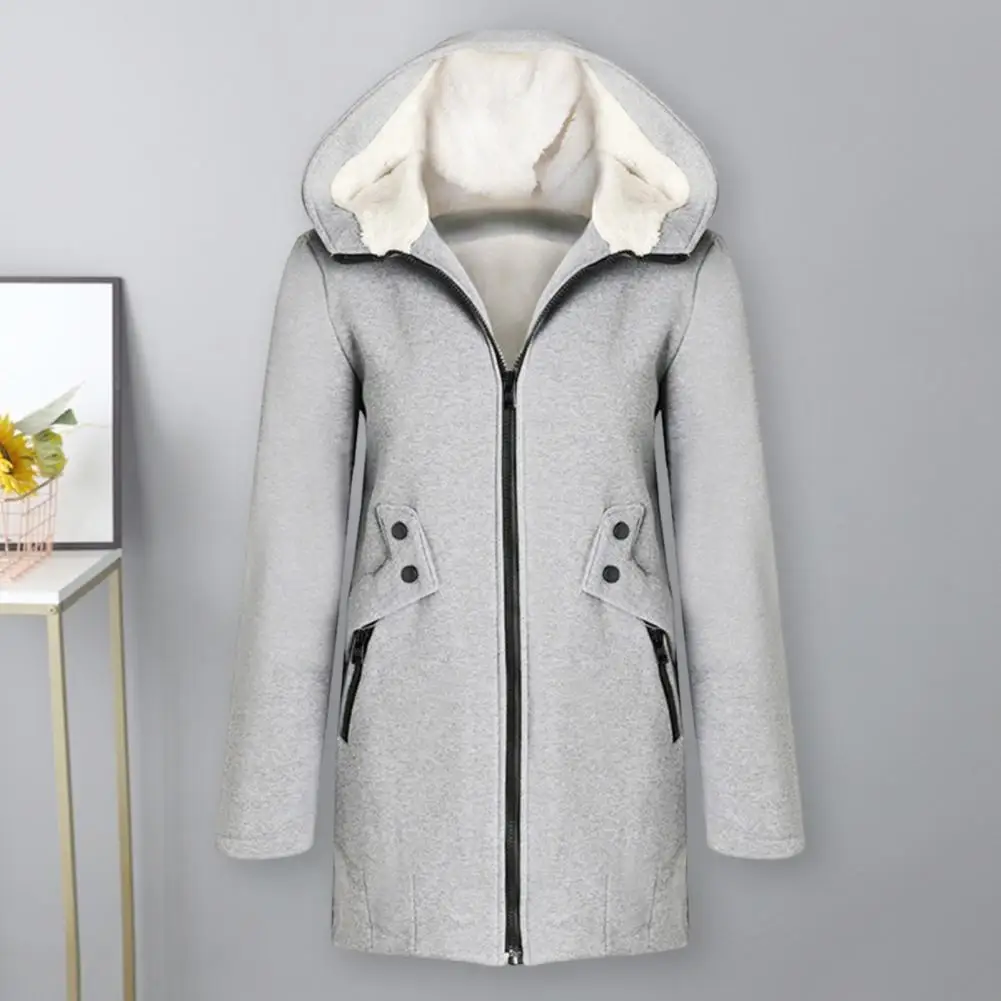 

Long Sleeve Skin-touching Windproof Solid Color Hooded Women Plush Lining Jacket Coat Casual Overcoat Daily Clothing