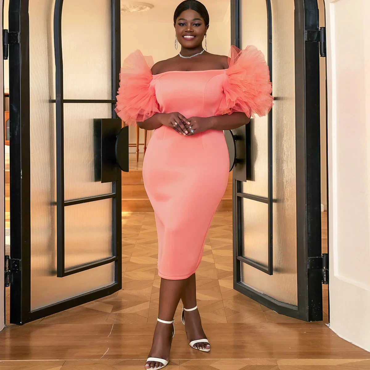 

Sexy Off Shoulder Flower Petal Sleeve Pink Bodycon Dress Prom Evening Party Dress Women Elegant Slash Neck Backless Pencil Dress