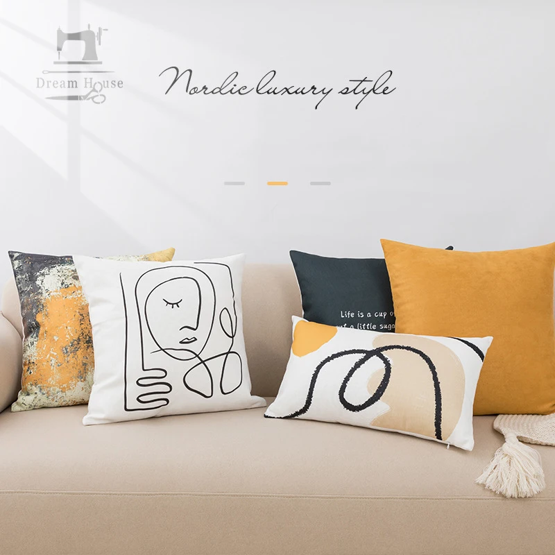 

Simple Geometric Printing Cushion Cover Cotton Linen Face Abstract Print Pillowcase Nordic Style Pillow Covers Decorative