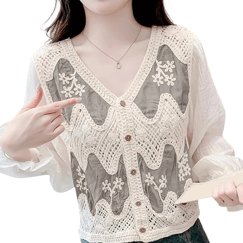 Женский укороченный топ на пуговицах из шифона с пышными рукавами и вязаным