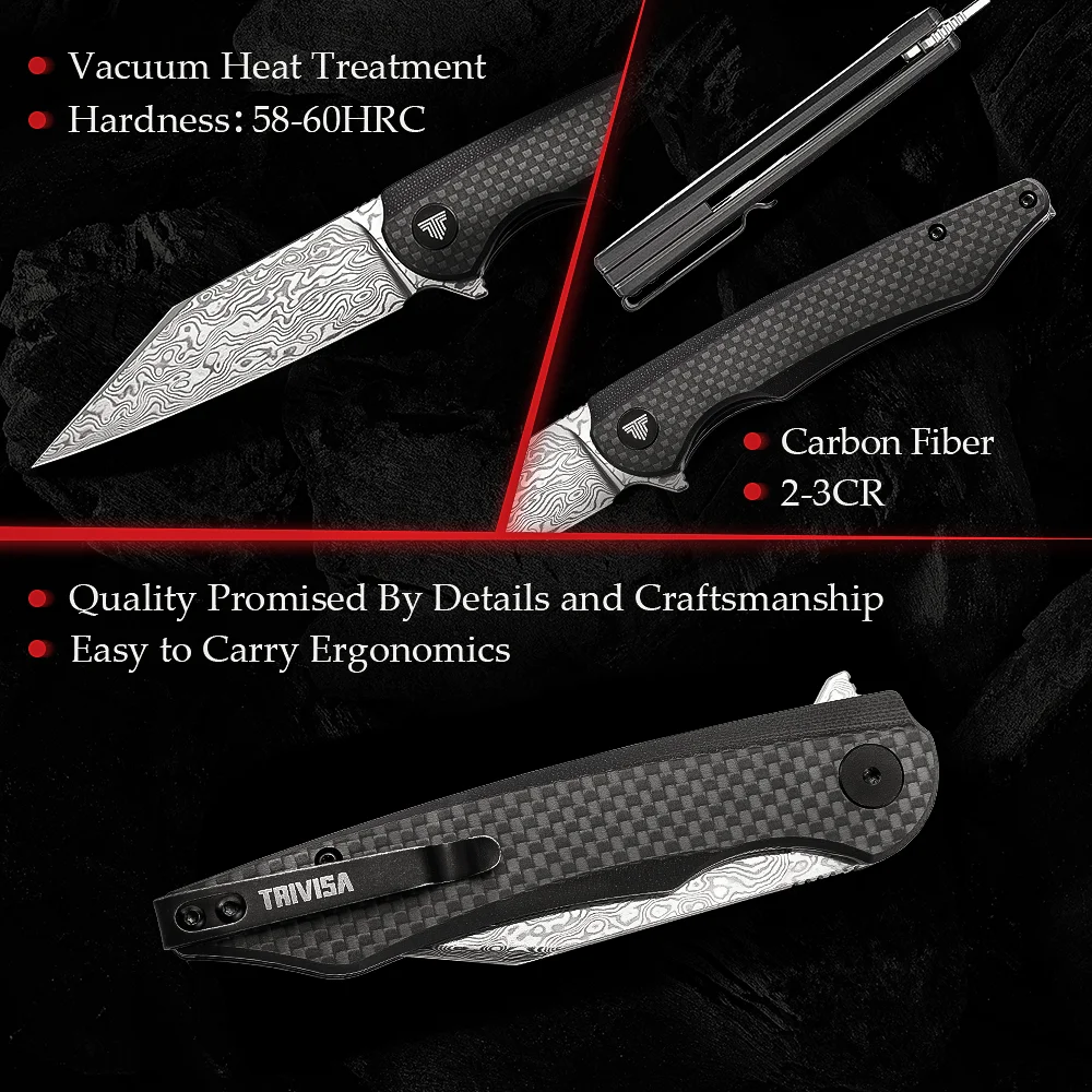 Складной карманный нож TRIVISA с ручкой из углеродного волокна лезвие дамасской
