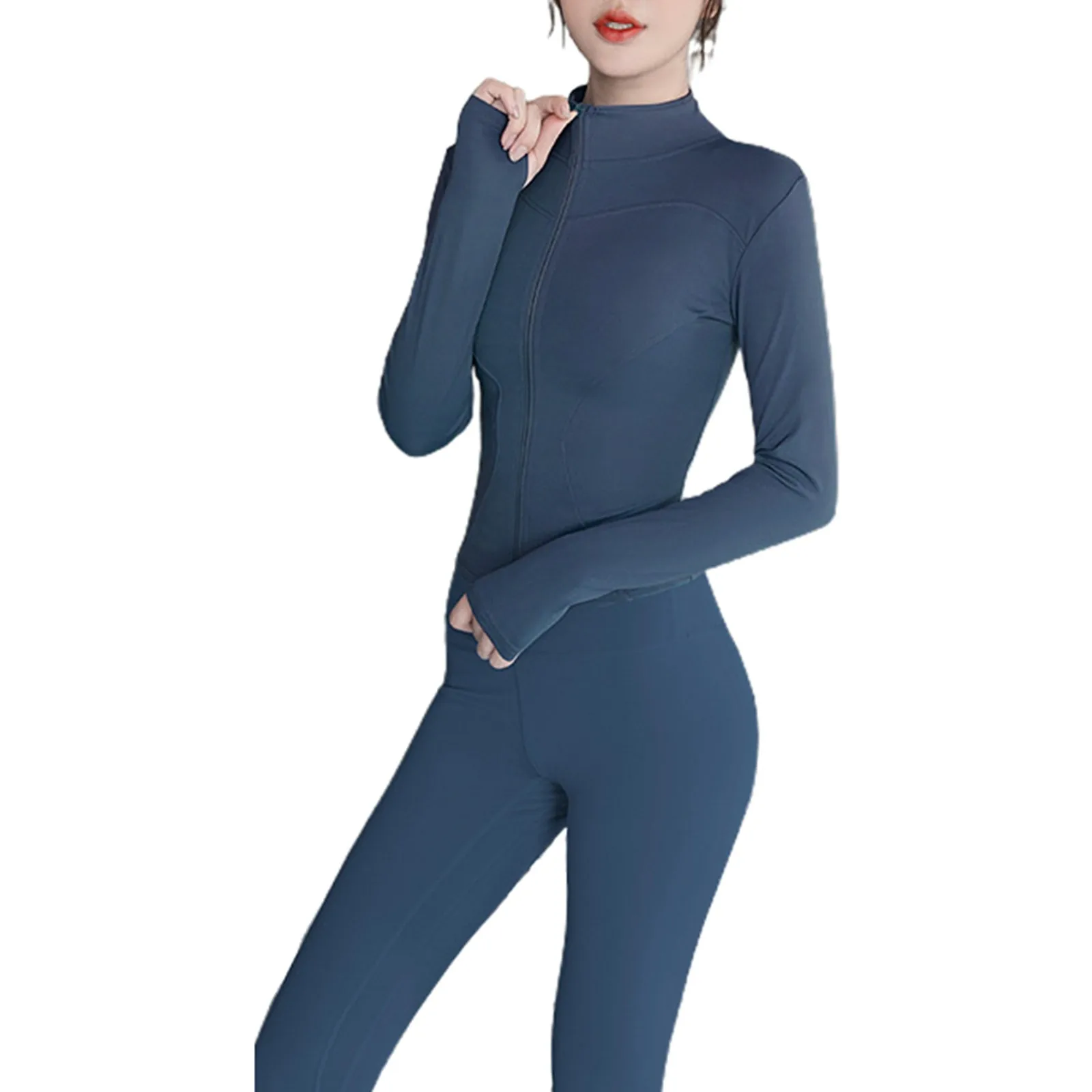

Women'S Solid Color Outdoor Morning Run Set With Stretchy And Breathable Zip Up Cardigan High Waisted Butt Lifting Skinny Pants