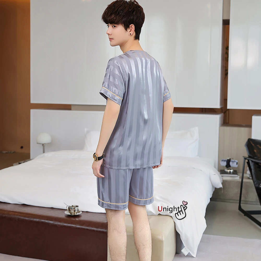 Летняя Пижама 3XL Мужской Шелковый атласный пуловер и шорты комплект из 2