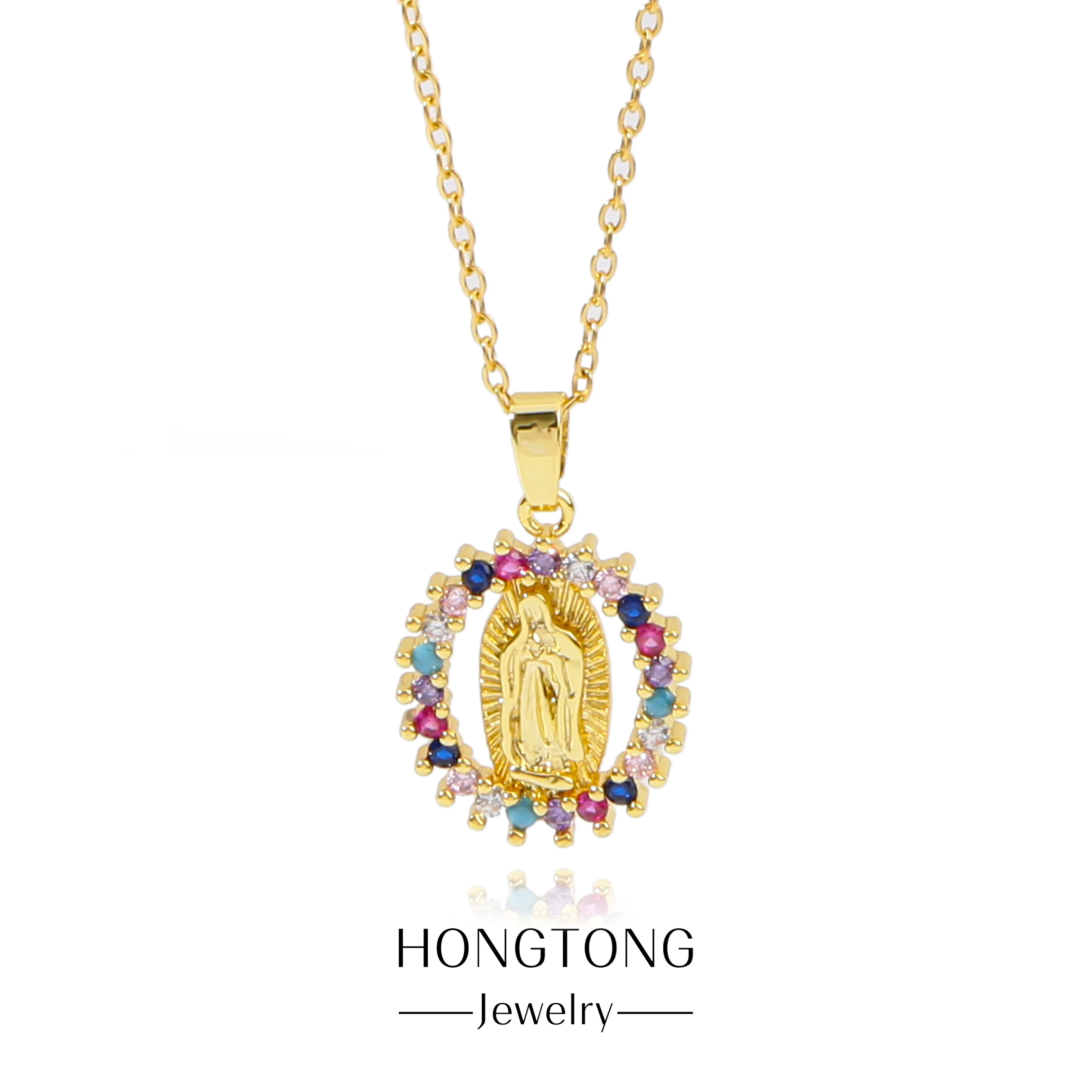 

HONGTONG Exquisite Colorful Jewelry Inlaid Pendant Compact Amulet Virgin Mary Statue Stainless Steel Necklace Birthday Gift