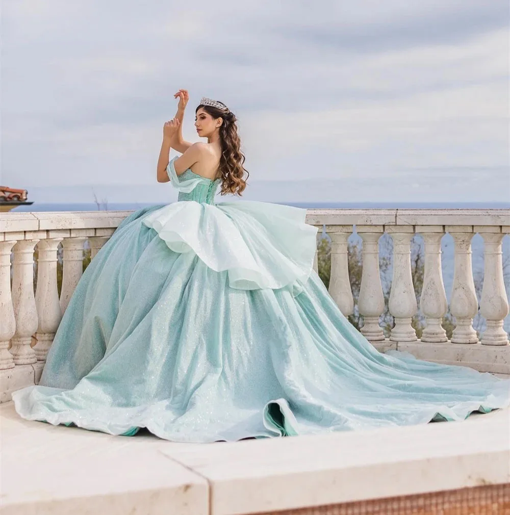 

Princess Quinceanera Dresses Ball Gown Off The Shoulder Tulle Sweet 16 Dresses 15 Años Mexican