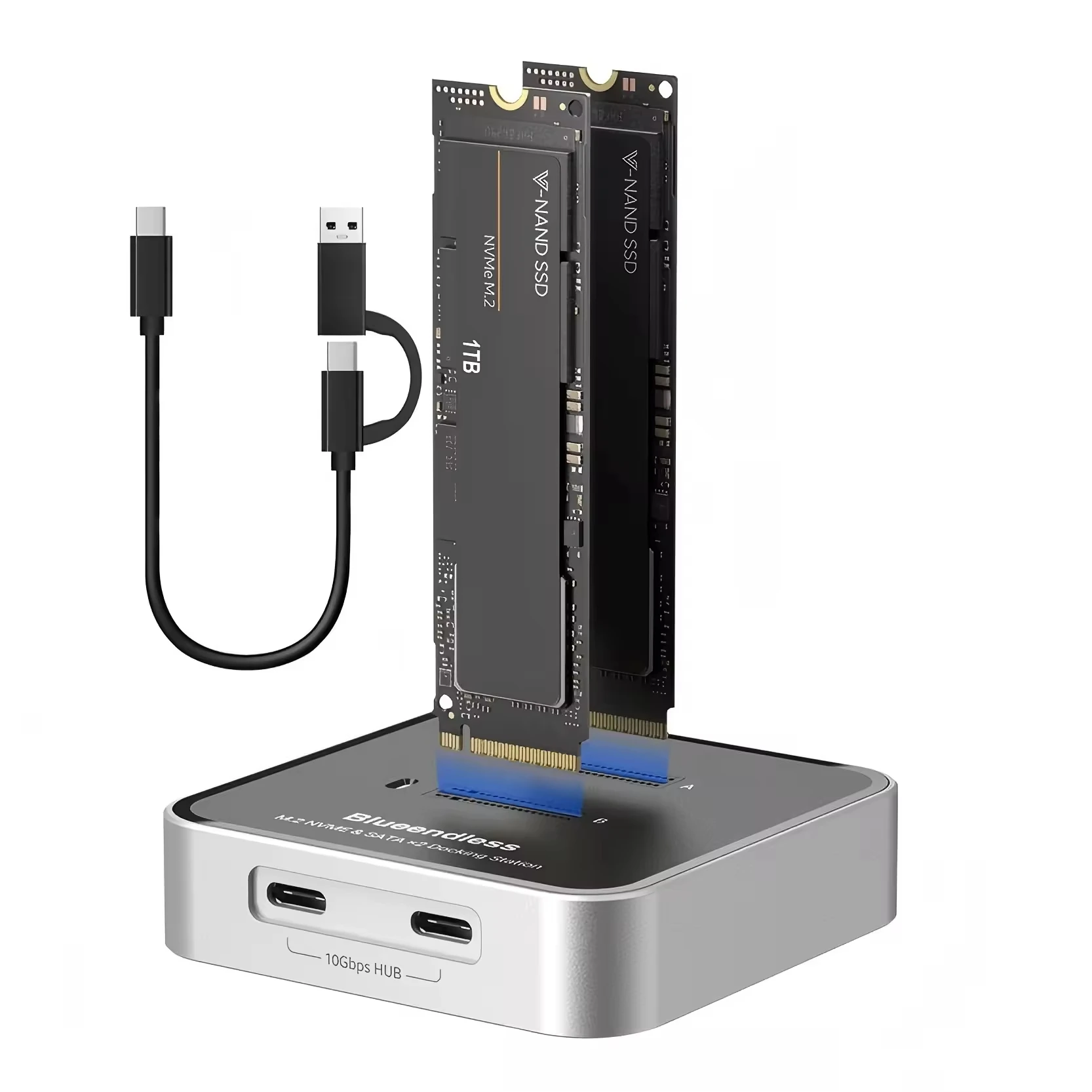 Фото Док-станция SSD с двумя отсеками M.2 NVMe/SATA и протоколом SSD, внешний корпус SSD 10 Гбит/с с концентратором USB C №1