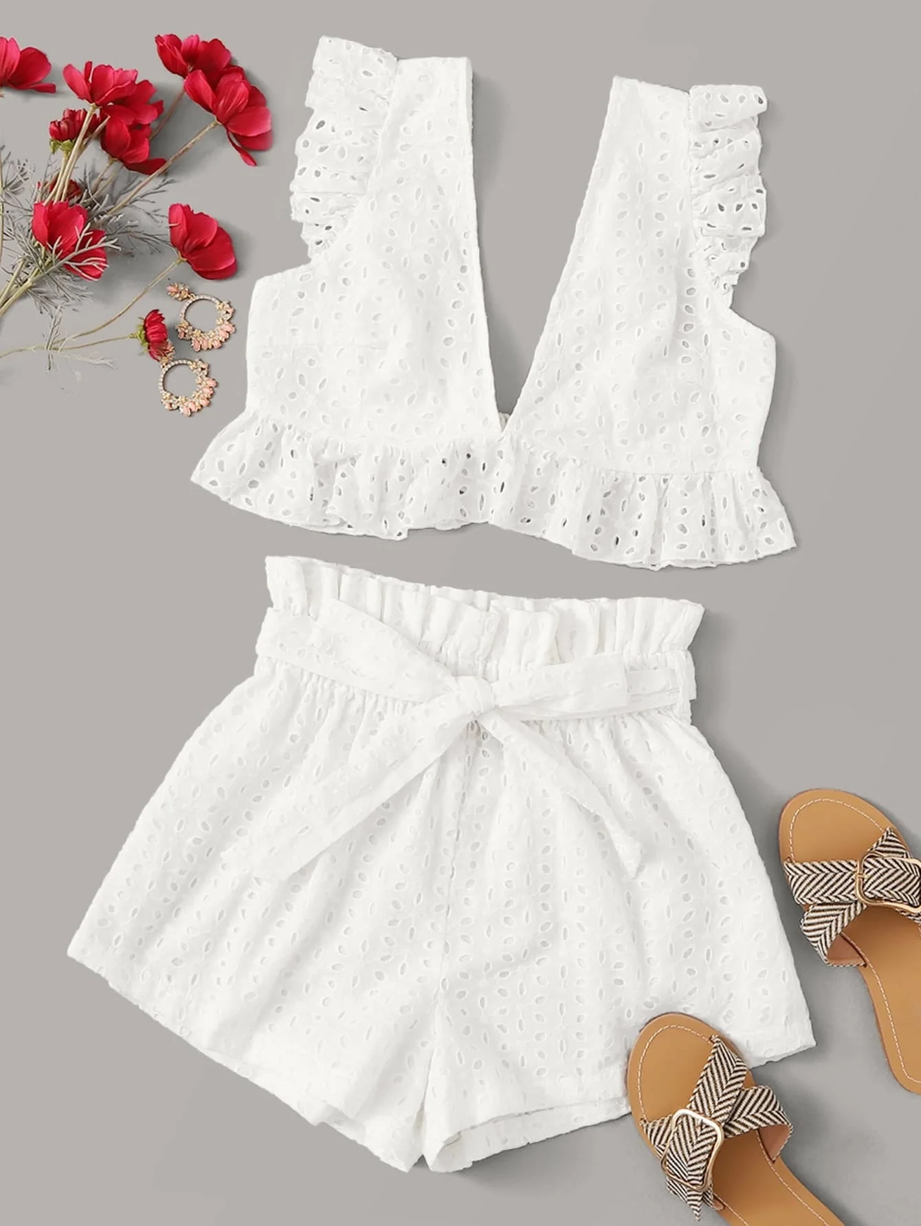 

Plunging Neck Tie Back Schiffy Top and Shorts Set