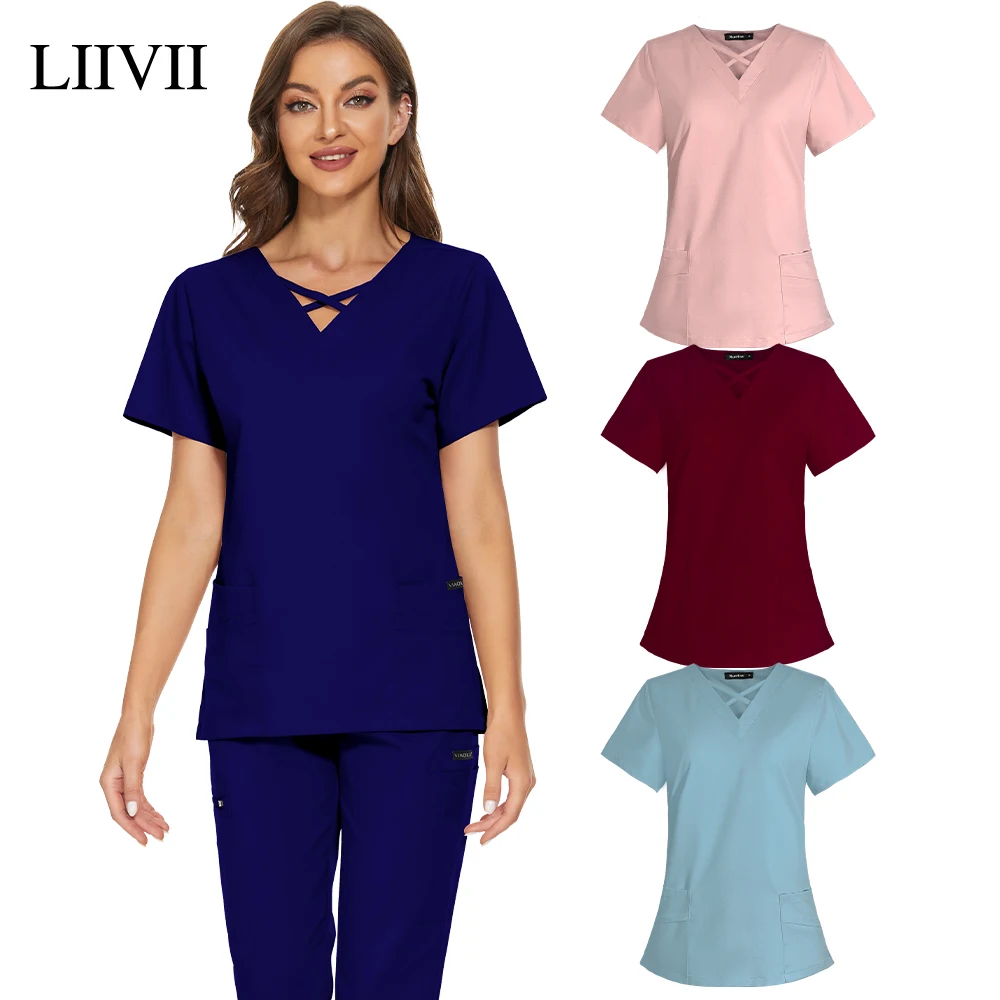 

Operating Room Uniform Nursing Scrubs Tops T Shirt Casual Short Sleeve Ladies Scrubs Uniforms Nurse V-neck Pocket Tops Blouse