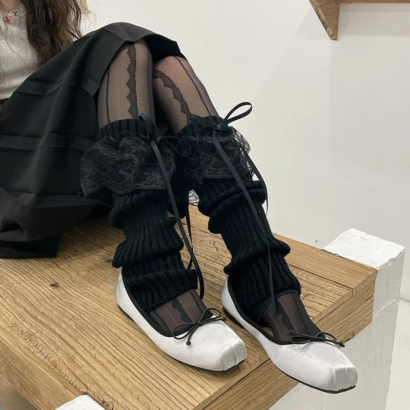 

Новые носки для девочек, лента, бант, кружевные вязаные теплые носки для ног, чулки для девочек, однородные Чехлы для ног, галстуки-бабочки, многослойные носки