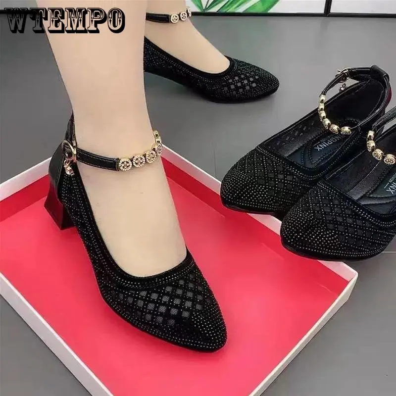 

WTEMPO Women Beige Black Pumps Spring Summer Elegant Medium Heel Cool Shoes Hollow Out Mesh Breathable Non Slip Single Sandals
