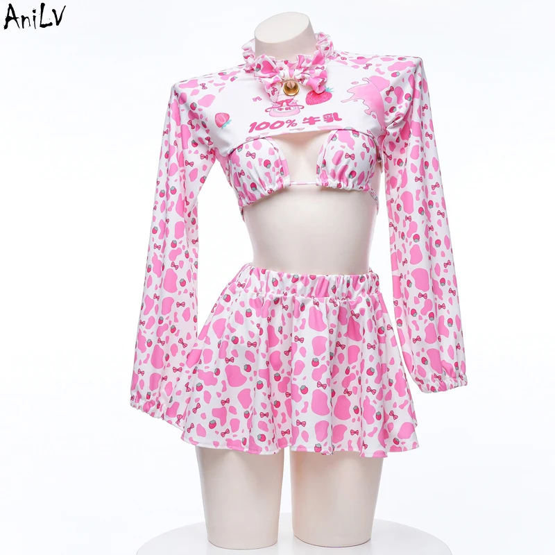 

AniLV 2023 Летний Пляжный Купальник для милой девочки из коровьей кожи, Униформа, женский розовый молочный комплект бикини, купальник, наряд, костюм для косплея