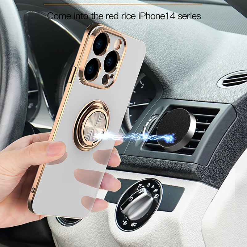 Luxury Plating Magnetic Case For iPhone 14 13 12 11 Pro Max XS X XR 7 8 Plus iPhone14 14Pro Soft Silicone Cover With Ring Holder