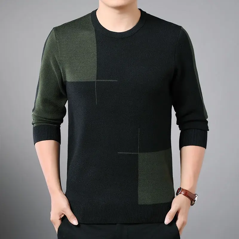 2023 Spring and Autumn Fashion Brand Men's Knitted Round Neck Splice Casual Long Sleeve Men's Shirt New Men's Pullover