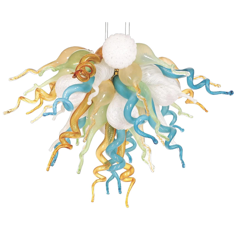 

Murano Glass Chandeliers Amber Blue Shade 24 Inches Led Hand Blown Home Indoor Venetian Pendant Lighting