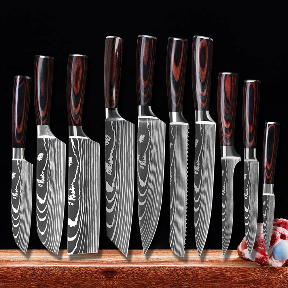

1-10 шт. нож шеф-повара, кухонные ножи с лазерным Дамасским узором, острый Кливер из нержавеющей стали, нож для нарезки фруктов и овощей в японс...