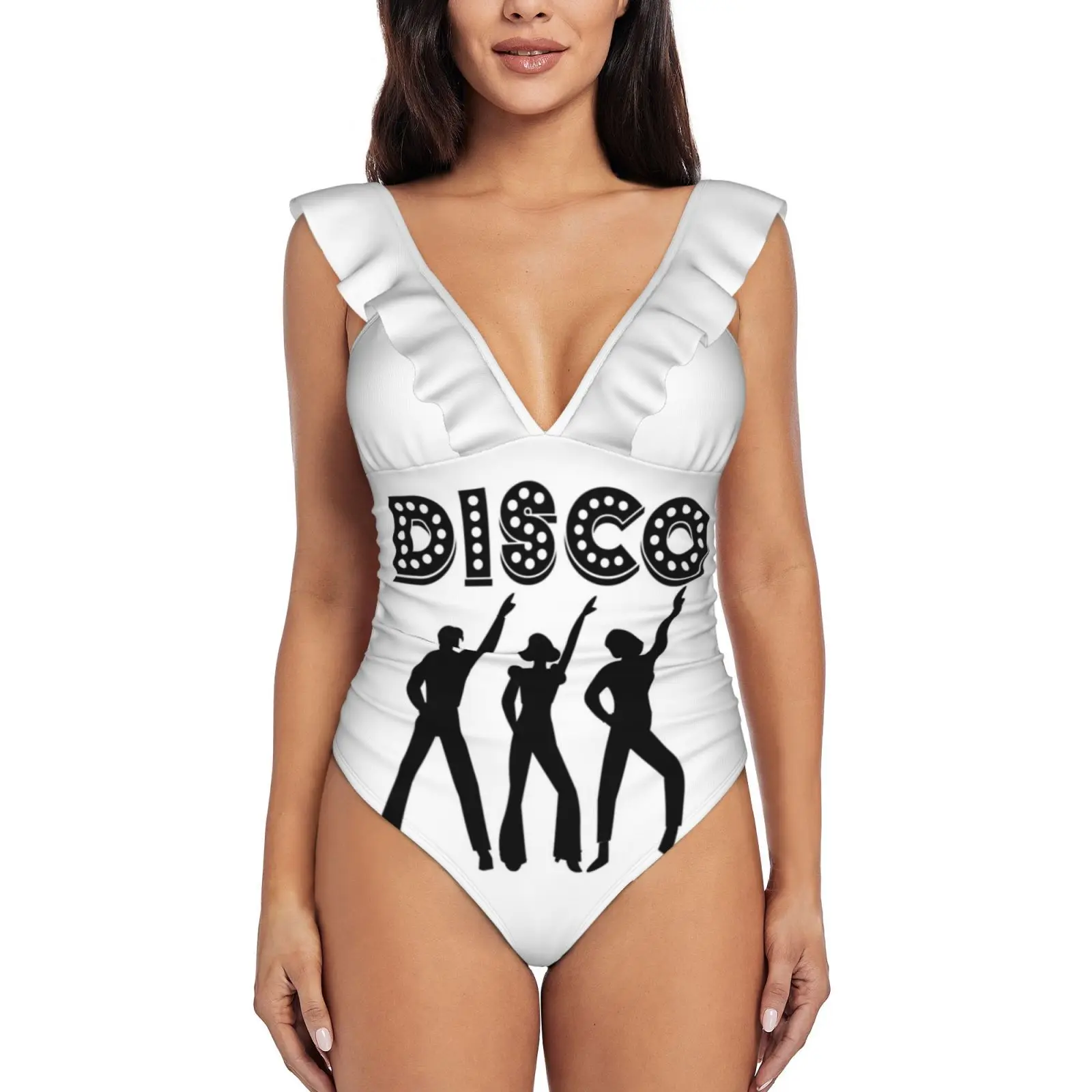 

Женский слитный купальник, черный и белый слитный купальник для танцев в стиле диско 70-х годов, купальный костюм монокини с оборками, пляжна...