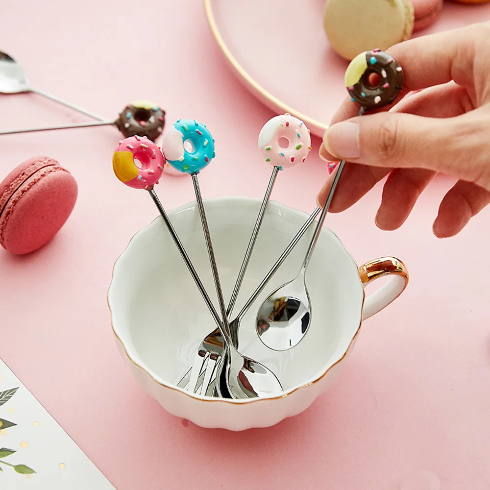 

Ins Donut Cute Stainless Steel Doughnut Dessert Spoon Fork Coffee Ice Cream Candy Kitchen Flatware Baby Kids Dinnerware