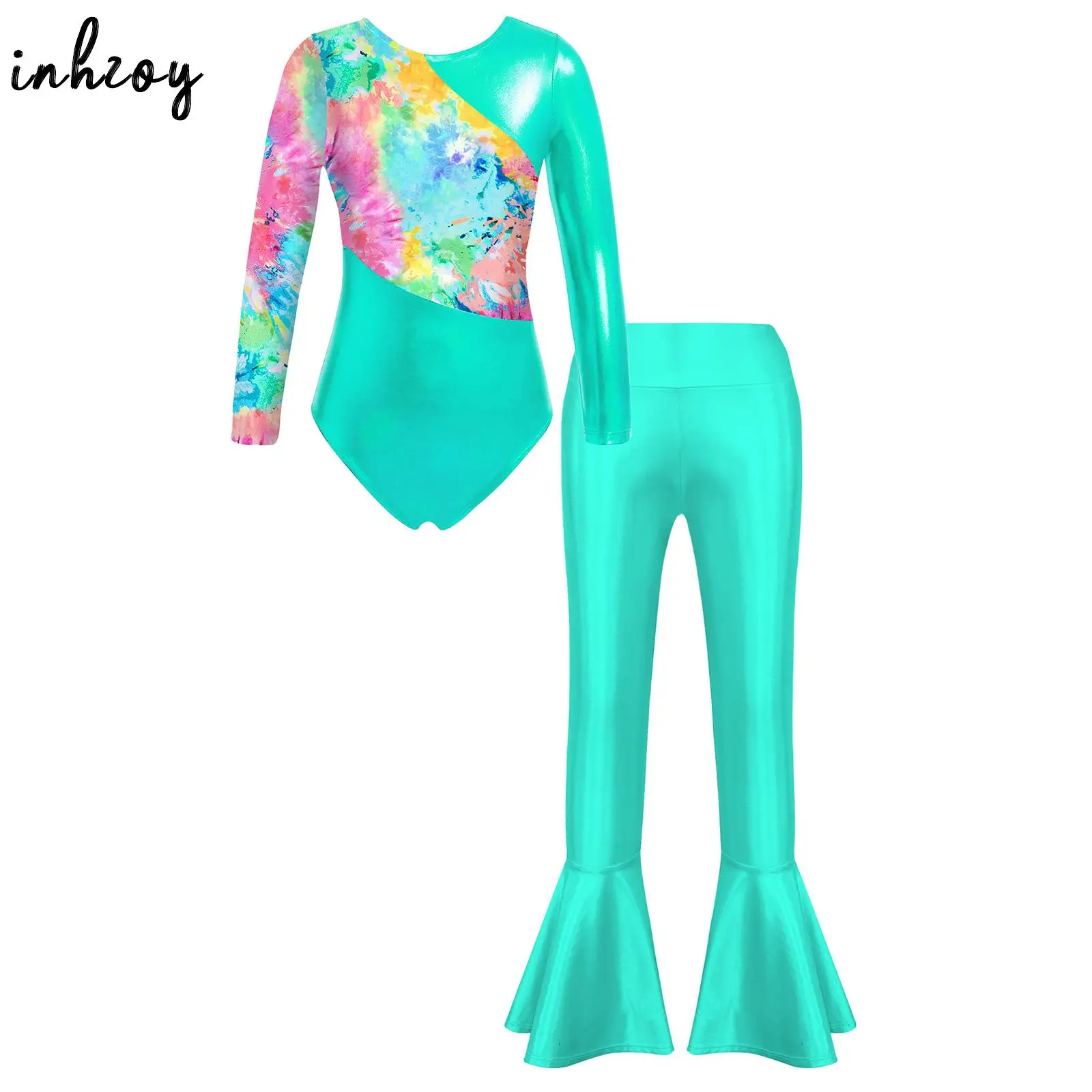 

Kids Girls Long Sleeve Gymnastics Leotards with Bell-Bottoms Full Body Unitard Ballet Jazz Dance Costume for Stage Performance