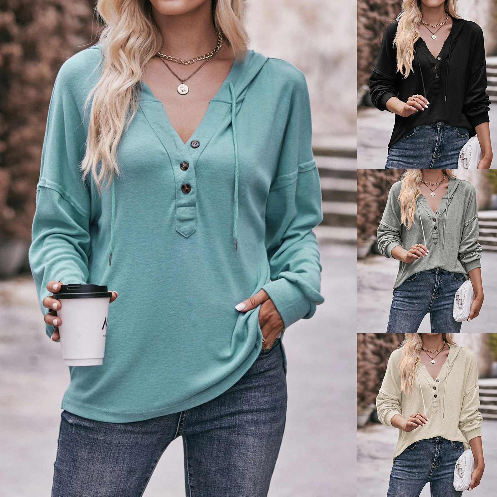 

Women Solid Color Sweatshirt Y2k Korean Fashion Women Sweatshirt 2023 Elegant Temperament V Neck Button Down Sweatshirt