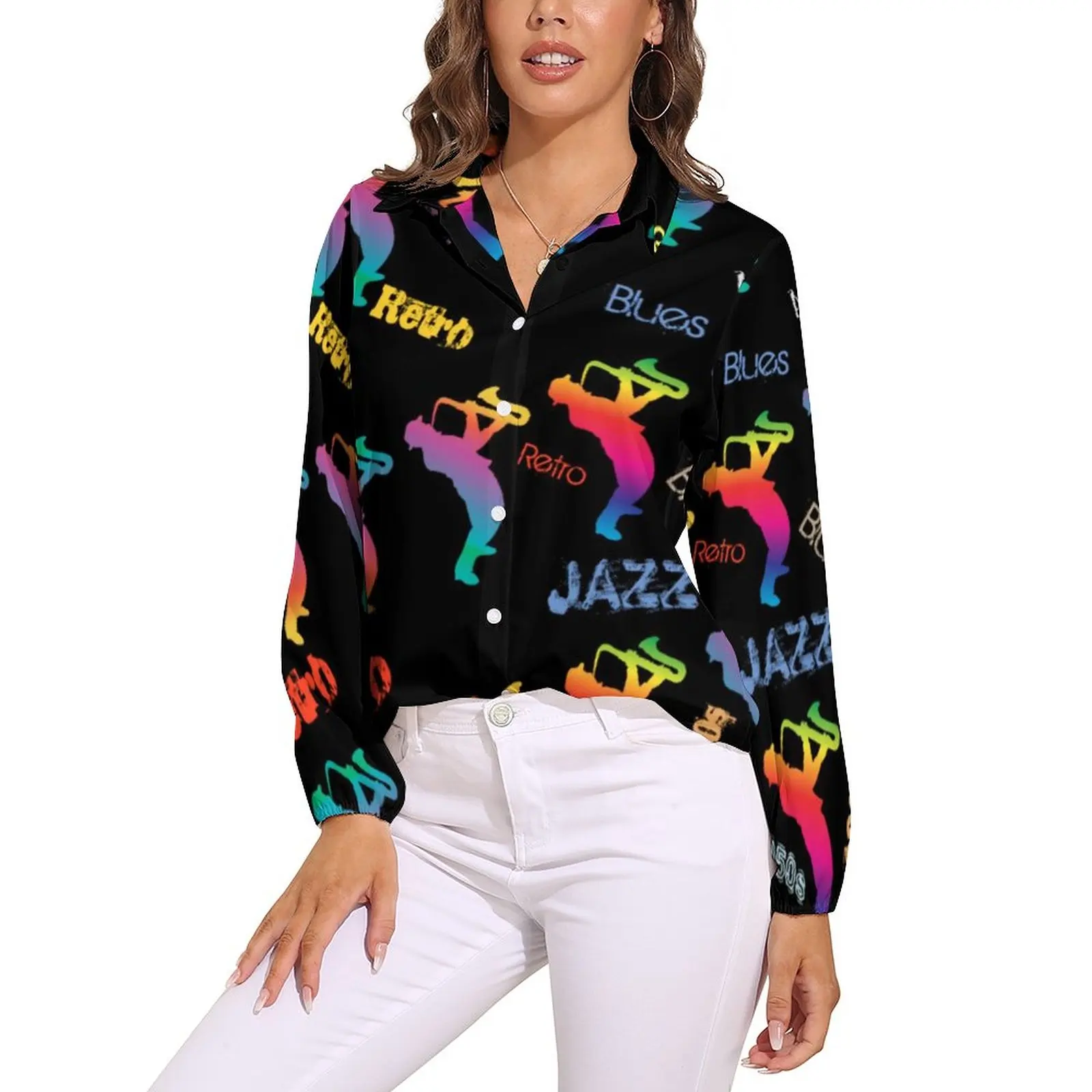 

Neon Jazz Festivals Blouse Retro Music Pop Art Aesthetic Print Blouses Women Casual Shirt Autumn Long Sleeve Oversized Tops