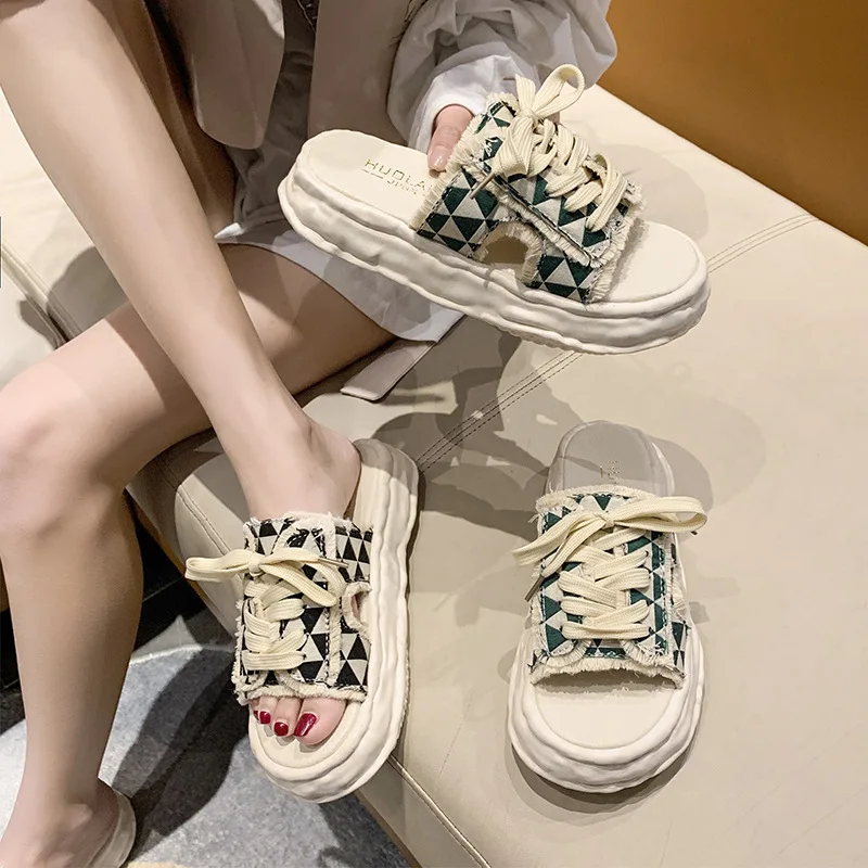 

Шлепанцы женские на низкой платформе, люксовые римские холщовые туфли, без каблука, со шнуровкой, резиновые, повседневная обувь, 2023