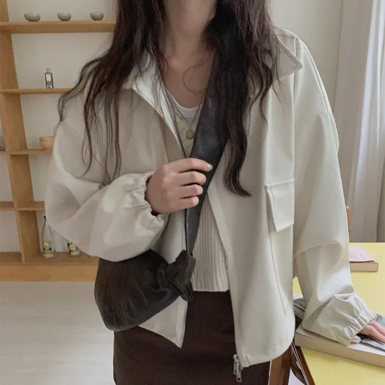 New Women's Stand Collar Zipper Faux Leather Jacket Pu Motorcycle Rider Jacket Lapel Puff Sleeve Loose Streetwear Punk Jacket