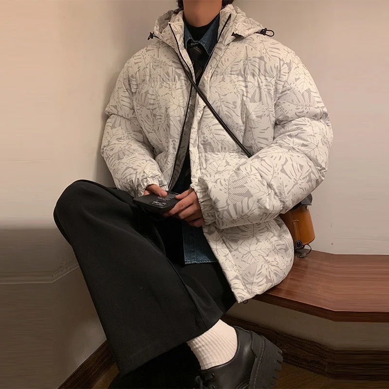 Winter Jacket Men Warm Fashion Printing Thick Hooded Jacket Men  Streetwear Korean Loose Thicken Short Coat Mens Parker Clothes