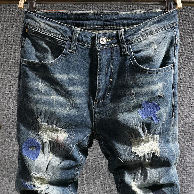 Fashion Designer Men Jeans Slim Fit Retro Blue Patched Ripped Jeans Men Trousers Embroidery Hip Hop Stretch Denim Pants Hombre