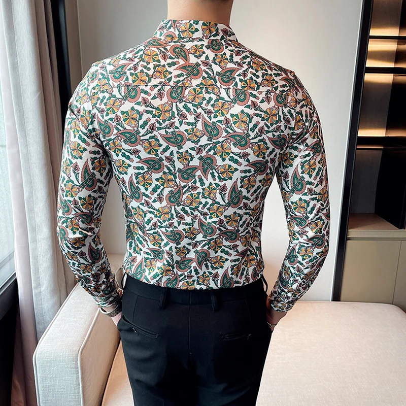 Vintage Print Men Shirt 2021 High Quality Long Sleeve Casual Shirt Formal Dress Shirts Slim Fit Streetwear Social Tuxedo Blouse