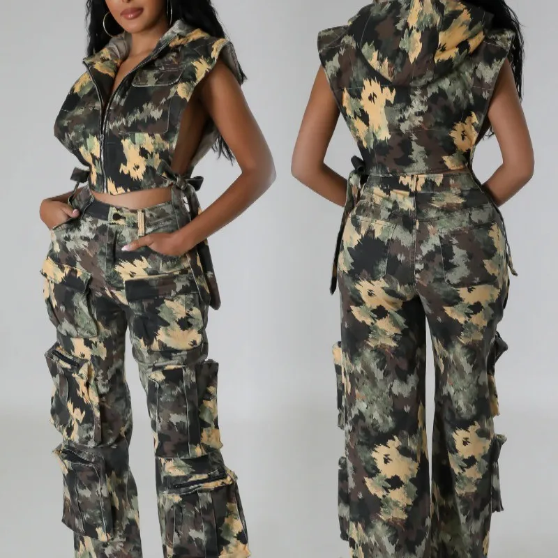 

Осенние брюки-карго, комплект из 2 предметов, брюки с капюшоном и высокой талией, разные цвета, камуфляжный жилет на молнии без рукавов, уличные костюмы