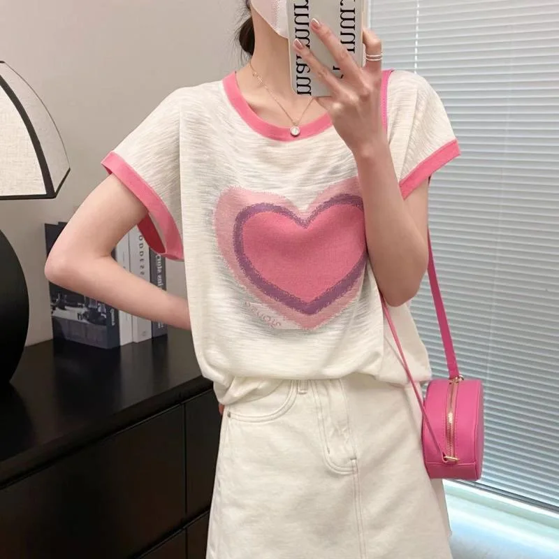 

Contrasting Color Love Linen Short-sleeved T-shirt Female 2023 Summer Women Loose Knitted Tops Tees Y2K