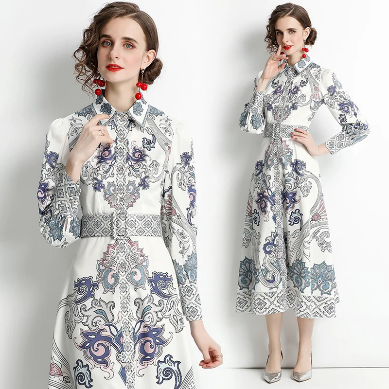

Aibeautyer New Casaual Spring Autumn Chiffon Single Breasted Mid-Calf Women Dress A Line Tuendown Collar Button Lady Dresses