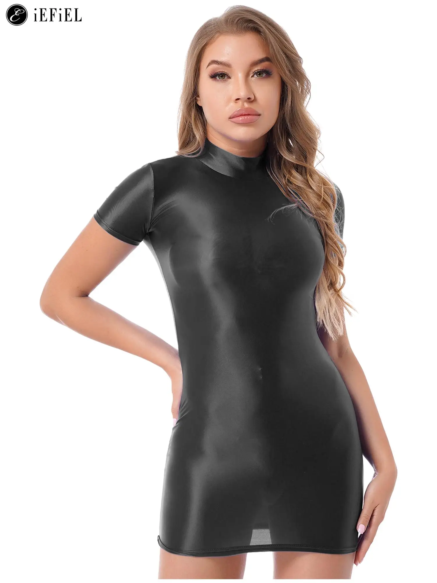 

Womens Shiny Glossy Short Sleeve Mock Neck Mini Pencil Dress Sexy Night Out Club Party Bodycon Clubwear Costume
