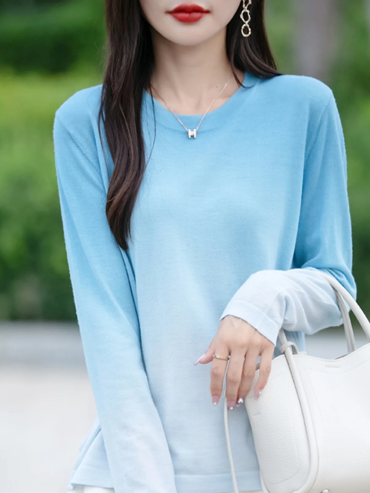 Dopamine Long sleeves Shirt Women Slimming Shoulder Bottoming Thin round Neck Knit Gradient Color Super Nice Sweater