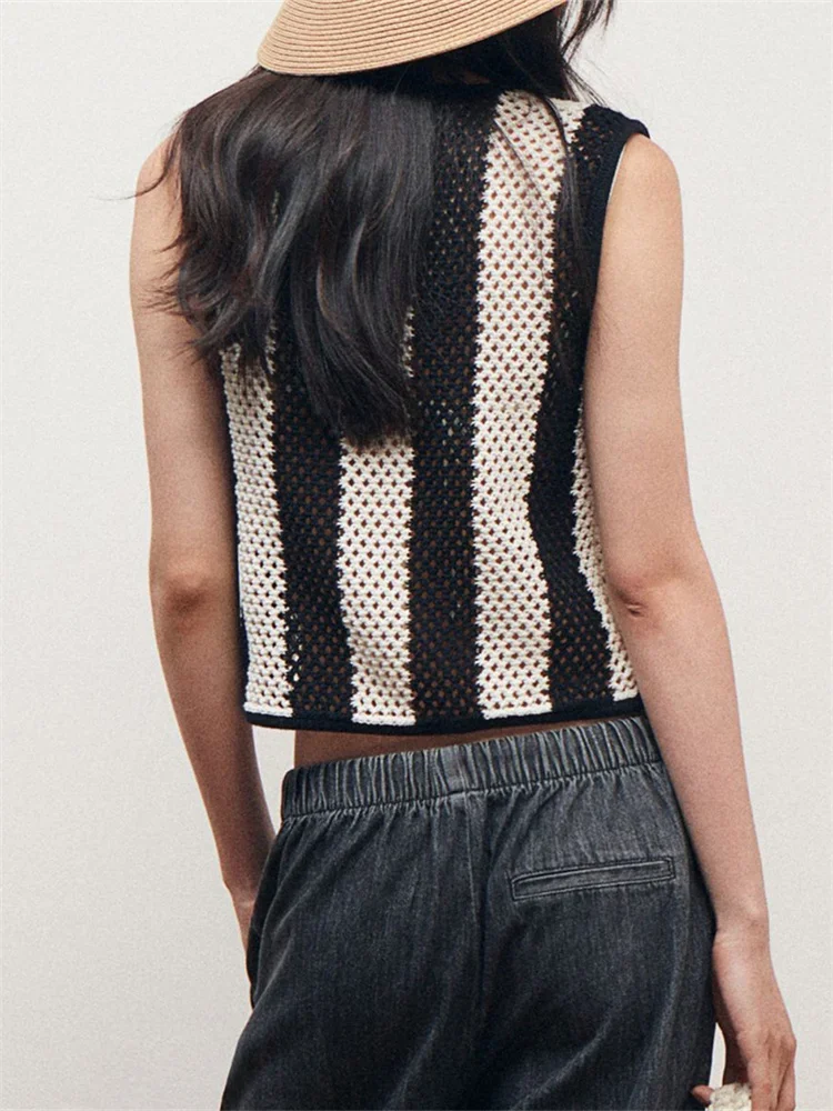 GuliriFei женские летние вязаные ажурные майки без рукавов с 3D цветами полосатый